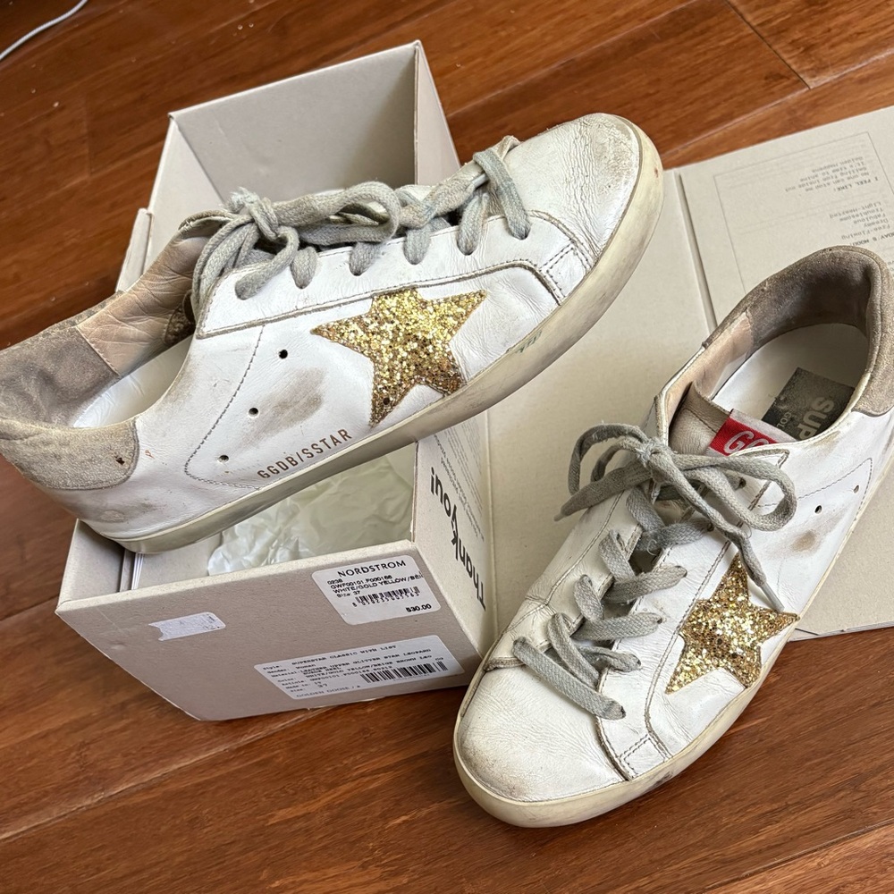 GOLDEN GOOSE SUPER STAR CLASSIC SNEAKER SHOE EURO 37 WHITE & GOLD STAR LEPOARD